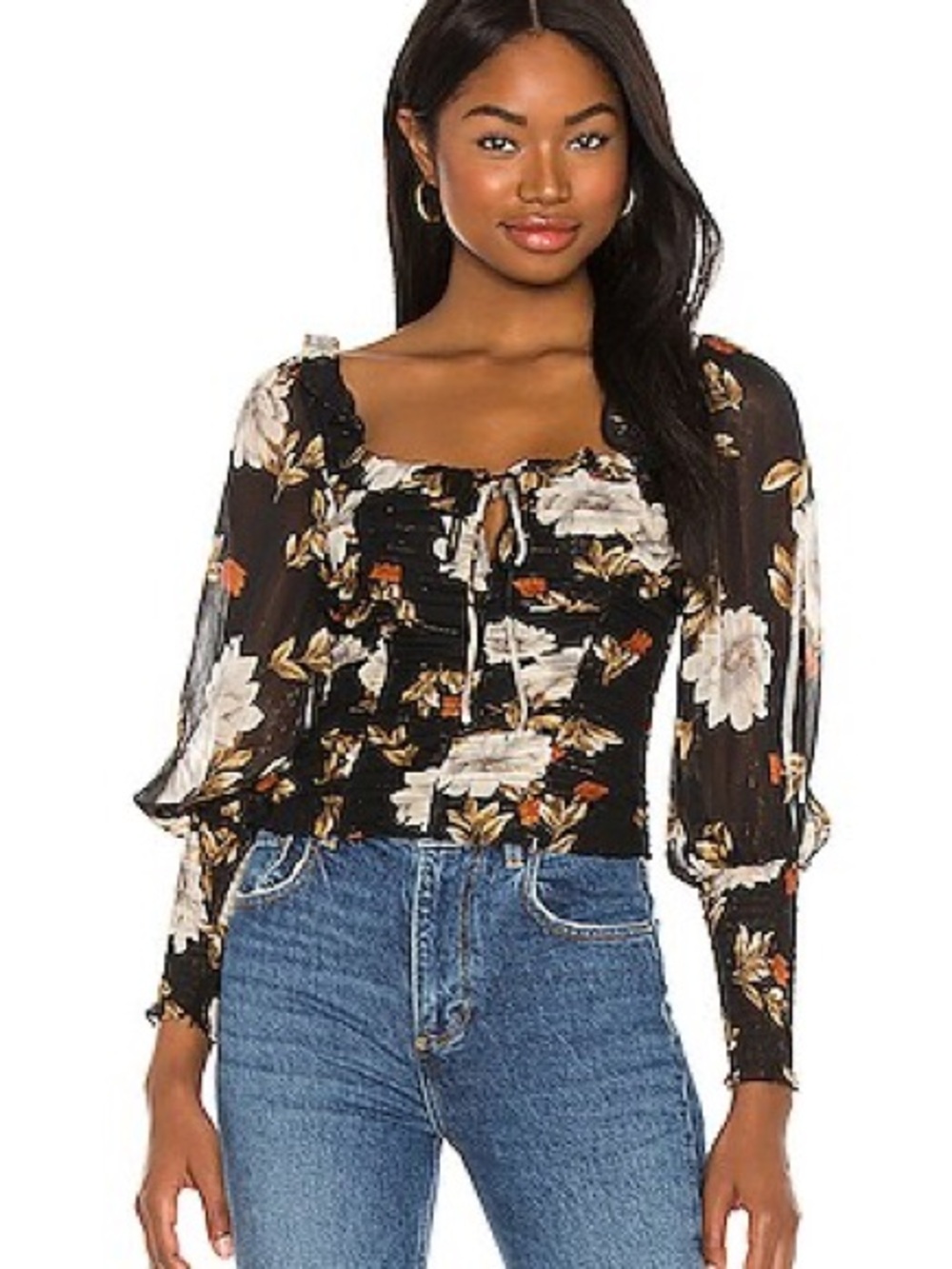 ASTR THE LABEL Square Neck Ruched Top in Black Multi Floral
